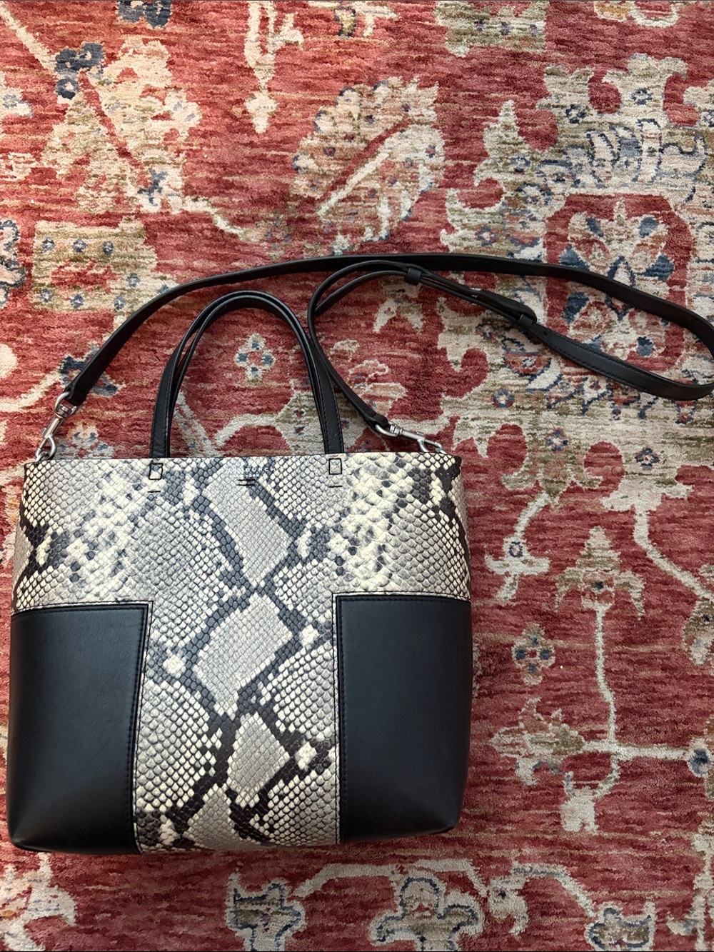 Tory Burch Black and Cream Snake-Print Tote